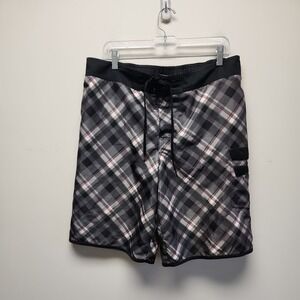 Hawk‎ Men's L  Flat Front Shorts Check Plaid Pockets Gray Skate